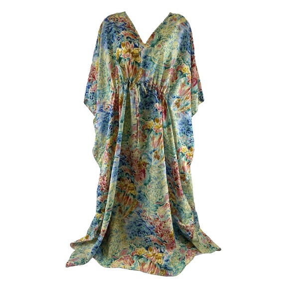 Winlar Kaftan Multicolored Floral Turtle Satin Drawstring One Size Fits Most - Picture 1 of 11